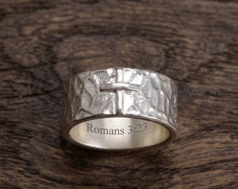 Hammered Silver Cross Ring, Custom Band, Christian Promise Ring for Men Women, Religious Gift