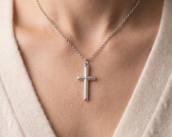 Silver Cross Necklace for Men Women, Minimalist Cross Pendant, Christian Jewelry