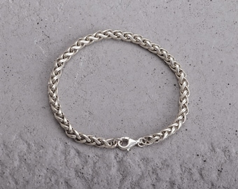 Sterling Silver Wheat Chain Bracelet,  Braided Spiga Links Bracelet for Men or Women, Gift for Him or Her