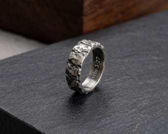 Oxidized Sterling Silver Cracked Ring Personalized Rock Surface Wedding Band