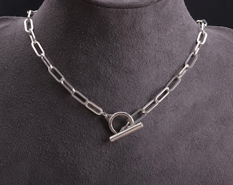 Sterling Silver Paperclip Chain Necklace, Silver Toggle Clasp Choker