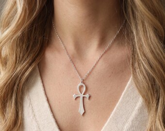 Gothic Sterling Silver Ankh Necklace for Men & Women, Silver Egyptian Ankh Cross Pendant, Edgy Vampire Witchy Jewelry, Mythology Gift
