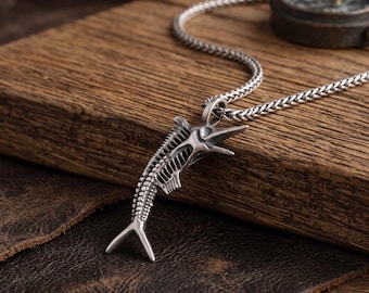 Silver Swordfish Skeleton Pendant Necklace, Gothic Fishbone Marlin Amulet, Anatomical Ocean Biker Pendant, Unisex Nautical Jewelry Gift