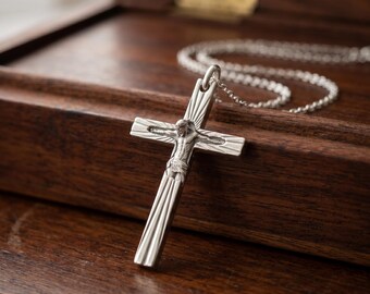 Sterling Silver Crucifix Necklace, Religious Protection Charm, Gothic Crucifix Jewelry, Christian Gift for Him
