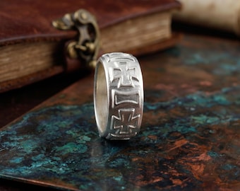 Personalized Sterling Silver Cross Ring, Engraved Band, Religious Men's Jewelry