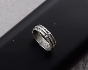 Sterling Silver Cross Wedding Band, Christian Mens Ring Engraved