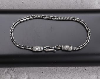 925 Sterling Silver Foxtail Chain Bracelet Men, Wheat Bali Oxidized Silver Charm, Viking Chain Bracelet, Gifts for Boyfriend