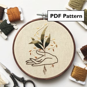 Regrow Beginner Hand Embroidery Pattern, Nature Witch Magic Botanical Modern Thread Painting, Plant in Palm Minimal PDF Digital Download