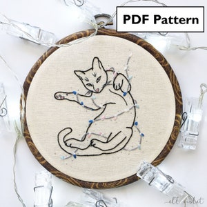 Cat Hand Embroidery Pattern, Tangled Kitty Fairy Lights Funny Naughty Cat Pet Owner DIY Gift, Ell Violet Beginner PDF Digital Download