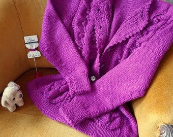 Hand Knitted Women&#39;s Cardigan, Knit Women Sweater, Sweater for women,  Jacket, Orchid color, Wool, Soft and warm, Nice pattern FREE SHIPPING