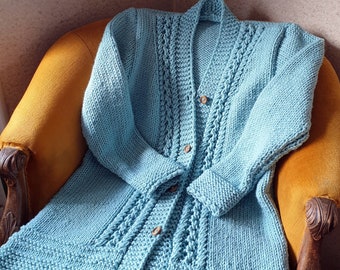 Handgestrickte Damenjacke, Damenpullover stricken, Damenjacke stricken, Elegante Strickjacke, Mintfarbene Strickjacke, Schönes Muster, KOSTENLOSER VERSAND