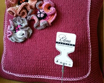 Marsala color knitted pillow cover - decorative pillow with flowers -hand knitted cushion-multicolored flowers-perl buttons-Free Shipping