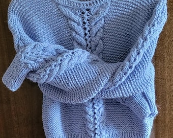 Hand Knit Alpaca  Sweater: Light Blue Women's Pullover