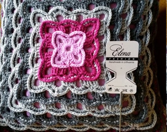 Hand Crochet Pillow Cover: Gray & Pink Decorative Knit Pillowcase