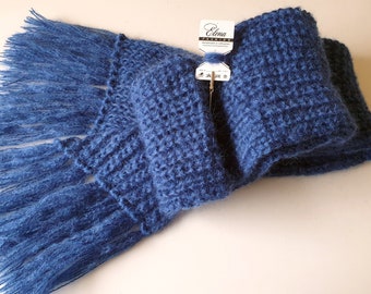 Handgestrickter langer Mohair-Schal, dicker weicher, flauschiger und warmer Schal, 2 Stränge Mohair, blau, kostenloser Versand