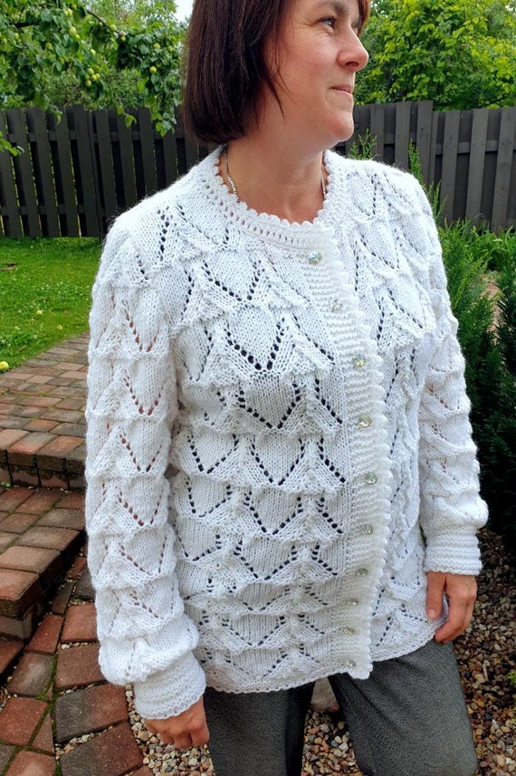 Hand Knitted Women Cardigan Knit Women Sweater Women S Knitted Sweater White Sweater Wool Alpaca Beautiful Openwork Pattern Free Shipping