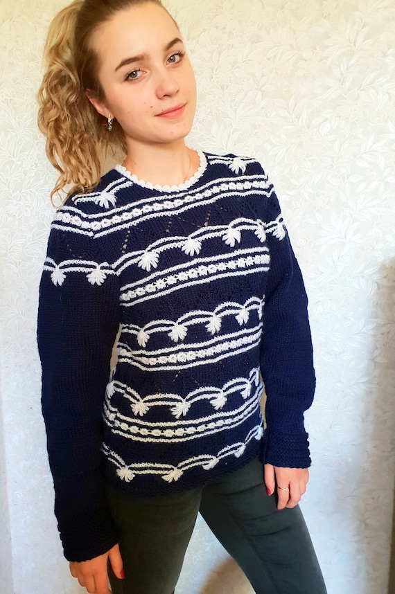Hand Knitted Women S Sweater Women S Knitted Sweater Handmade Sweater Blue White Wool Beautiful Pattern Free Shipping
