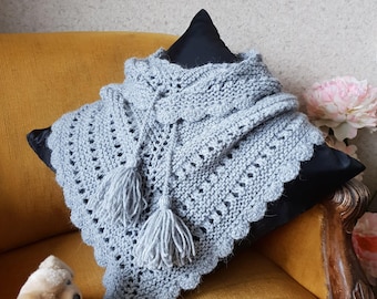 Hand knit scarf baktus, Knit Scandinavian shawl, Gray scarf baktus with tassels, Good gift for women or girl, Free shipping