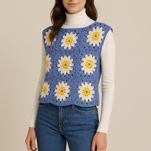Кnit women sweater, Sleeveless sweater, Granny square vest,  Retro top, Granny squares with daisies, Vintage charm, Stylish accent