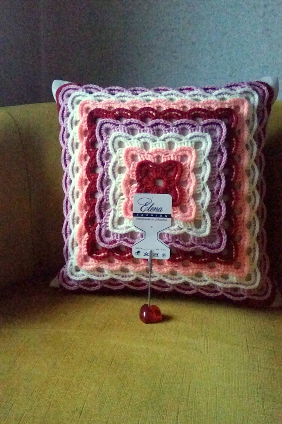 Hand Crochet Knit Pillow Cover: Red, White & Pink Decorative Cushion