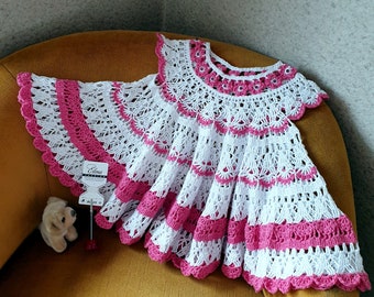 Handmade Crochet Lace Dress: White & Pink Cotton Knit
