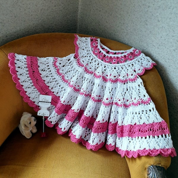 Crochet lace dress for girl, handmade girl dress, croch dress, white/pink  dress, nice pattern, FREE SHIPPING