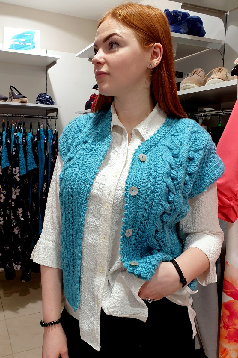 Knit women/'s sweater sleeveless Hand Knitted Women/'s Cardigan FREE SHIPPING turquoise beautiful pattern Handmade Cardigan wool