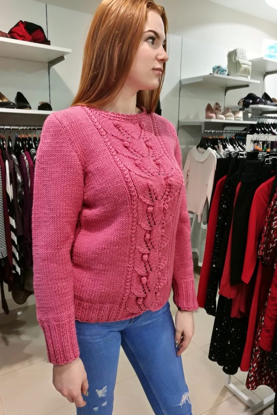 Hand Knitted Women S Sweater Women S Knitted Sweater Knit Women Sweater Pink Sweater Wool Sweater Soft Warm Beautiful Pattern Free Shipping