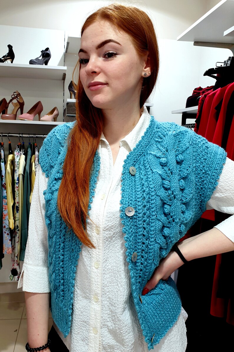Knit women/'s sweater sleeveless Hand Knitted Women/'s Cardigan FREE SHIPPING turquoise beautiful pattern Handmade Cardigan wool