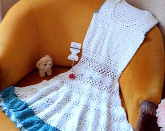 Handmade Crochet Girl Dress: White Cotton Lace with Blue Trim