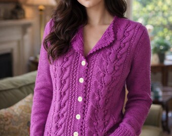 Handgestrickte Wolle Strickjacke: Orchideen Strick Damen Pullover