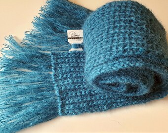Hand knit long mohair scarf, Thick soft fluffy and warm scarf, 2 strands of mohair, Dark turquoise, Free shipping