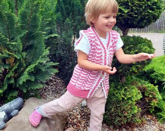 Hand Knit Baby girls&#39; Clothing-Knit baby girl sweater-Pink girls&#39; sweater-Sleeveless sweater/vest-Hand Knit Toddler Sweater-FREE SHIPPING