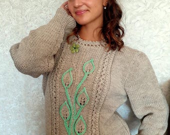 Hand Knit Women Sweater,  Women pullover, Jumper, Beige Wool Sweater with brooch flower, beautiful pattern, Good gift for  her