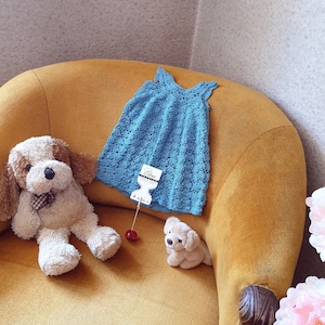 Crochet lace dress for little girl or big doll, handmade  dress, cotton dress, croch dress, blue dress, nice pattern, FREE SHIPPING