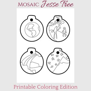 DIGITAL Coloring Pages Mosaic Jesse Tree printable ornaments with mini-reflections packet, for Advent, Catholic image 3