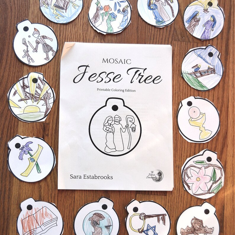 DIGITAL Coloring Pages Mosaic Jesse Tree printable ornaments with mini-reflections packet, for Advent, Catholic image 5