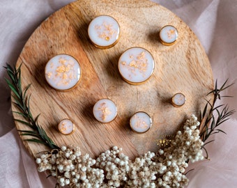 earlobe plugs - "White Moon" - plus stone and gold effect ears - elegant for weddings