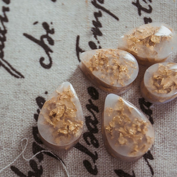 "white & gold" drop plugs - white stone effect with gold leaf