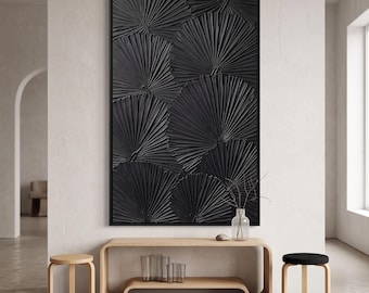 Black Textured Heavy Impasto Oil Painting, Abstract Minimalist Palm Leaf Wall Art, Palette Knife 3D Art