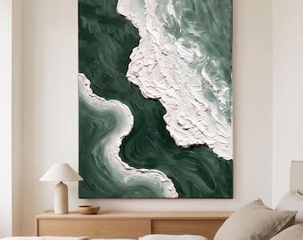 Green Textured Heavy Impasto Oil Painting, Abstract Minimalist Landscape Wall Art, Palette Knife 3D Art, Large Vertical Canvas Decor