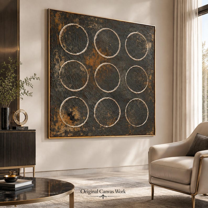 Large Vintage Dark Nine-square Circle Abstract Painting, Modern ...