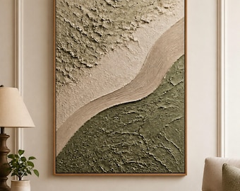 Wabi-Sabi olivgrön texturerad oljemålning, abstrakt minimalistisk konst, handgjord tjock väggdekor, neutral modern väggkonst