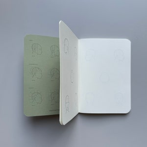 May include: An open notebook with green and white pages. The left page has a diagram of a head with different hair styles labeled "Lines", "Graduation", and "Layers". The right page is blank with lines drawn for practice.