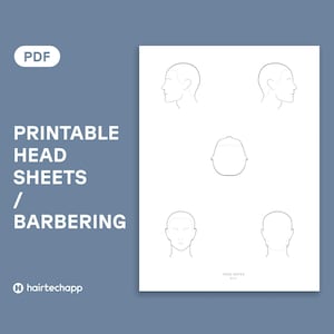 May include: A white printable PDF sheet featuring black line art illustrations of a human head from five different angles: left profile, right profile, top view, front view, and back view. The text reads PDF, PRINTABLE HEAD SHEETS / BARBERING, and HEAD NOTES MEN.