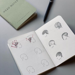 May include: A notebook with a green cover that says "Head Notes" on it. The notebook is open to a page with drawings of different hairstyles. The drawings are in pencil and show different haircuts and hair lengths. The page also includes a diagram of a head with arrows showing the direction of hair growth.