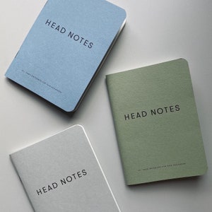 May include: Three small notebooks with the text "HEAD NOTES" on the front cover. The notebooks are in different colors: light blue, gray, and green. Each notebook has the text "46-PAGE NOTEBOOK FOR HAIR DESIGNERS" on the bottom of the front cover.