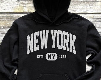 New York Sweatshirt | New York Hoodie | Retro Vintage New York Hooded Sweatshirt | Distressed Sweater Varsity Block Letter Style NY Gifts