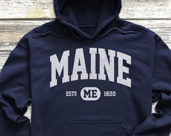 Maine Sweatshirt | Maine Hoodie | Retro Vintage Maine Hooded Sweatshirt | Distressed Sweater Varsity Block Letter Unisex Style ME Gifts