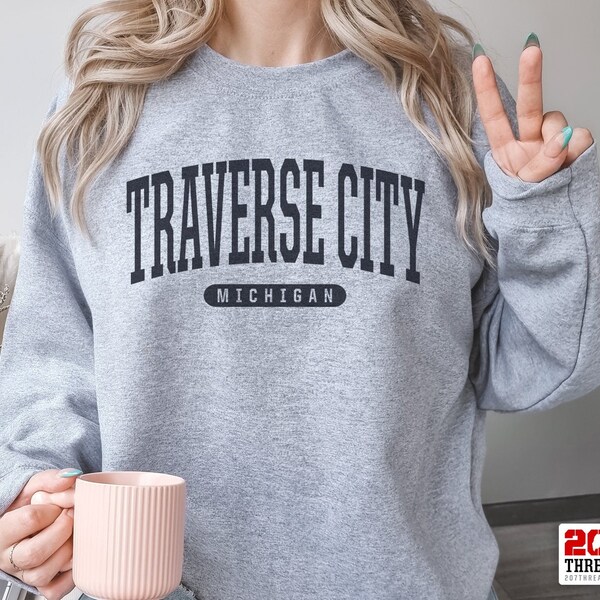 Traverse City Sweatshirt | Soft Cozy Traverse City Michigan Sweatshirt Crewneck Sweater Vintage College University Souvenir Gifts MI USA